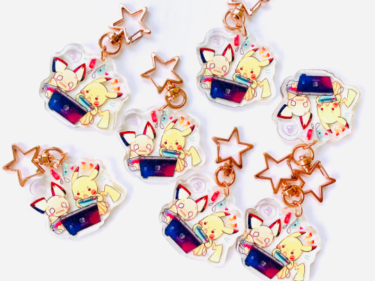 Pikachu and Pichu Playing Switch Charms (2inch Clear Acrylic)